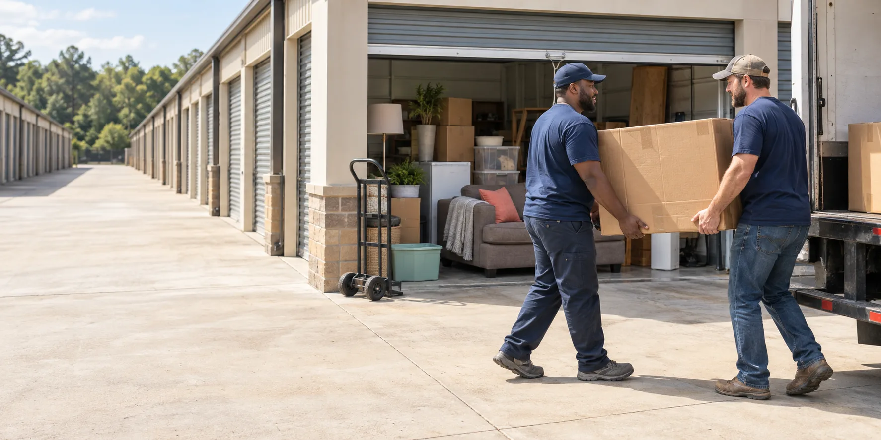 Professional haulers carrying a box from a storage unit toward a truck