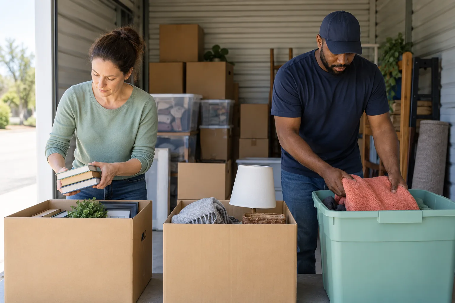Customer and hauler sorting stored items into separate groups